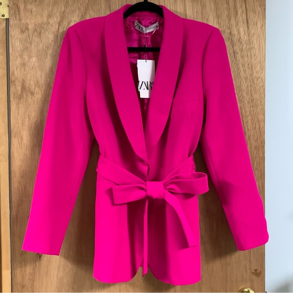 ZARA Hot Pink Belted Tuxedo Collar BLAZER! Lined Barbiecore Business Casual NWT - Picture 7 of 14